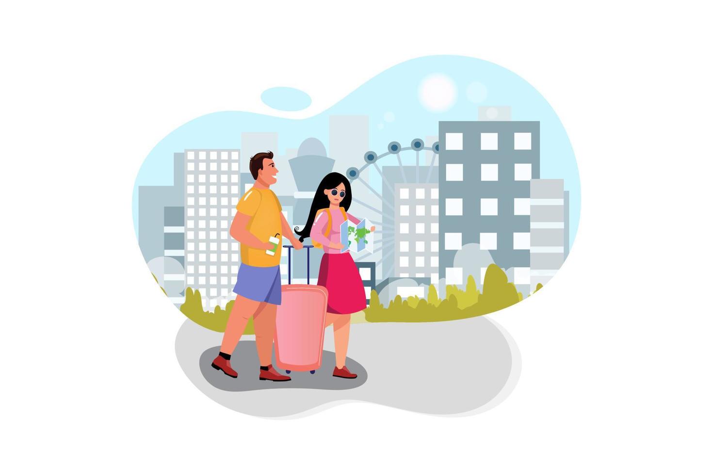 Happy couple on vacation sightseeing city with map vector