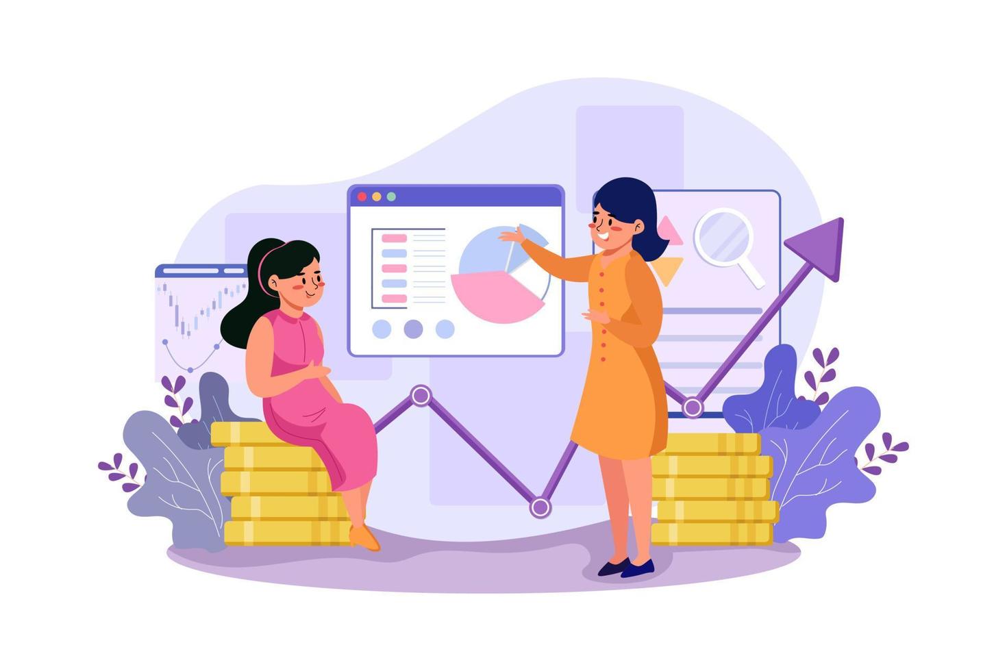 dos chicas están explorando los beneficios del mercado de valores vector