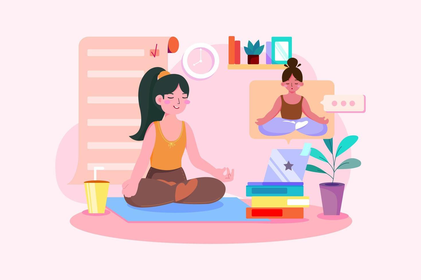 Girl doing exercises under the guidance of online teachers. vector