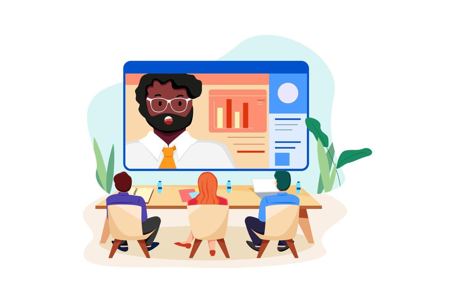 The businessmen are having a meeting with their boss via video call. vector