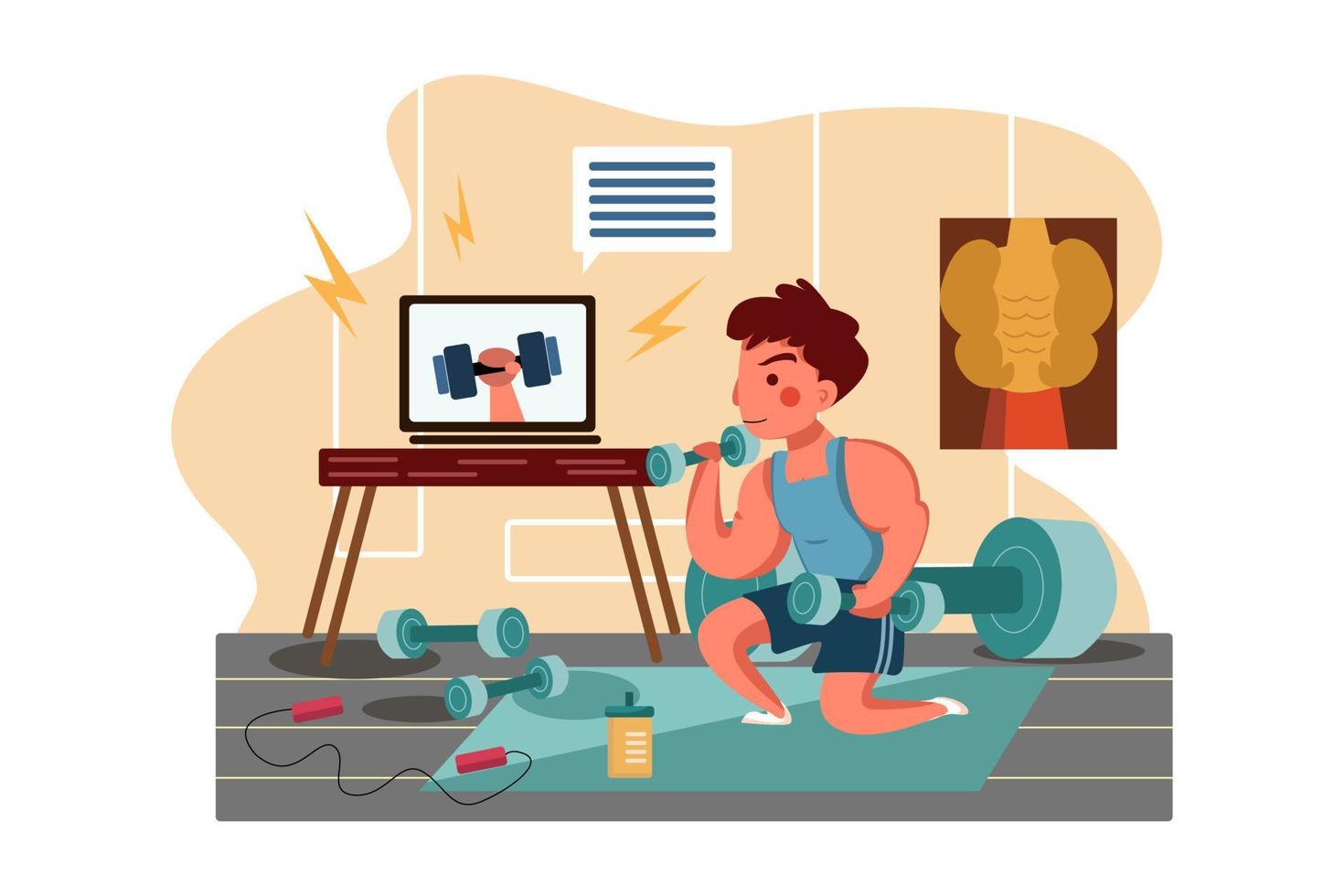 The man learning to lift weights with online teacher. vector