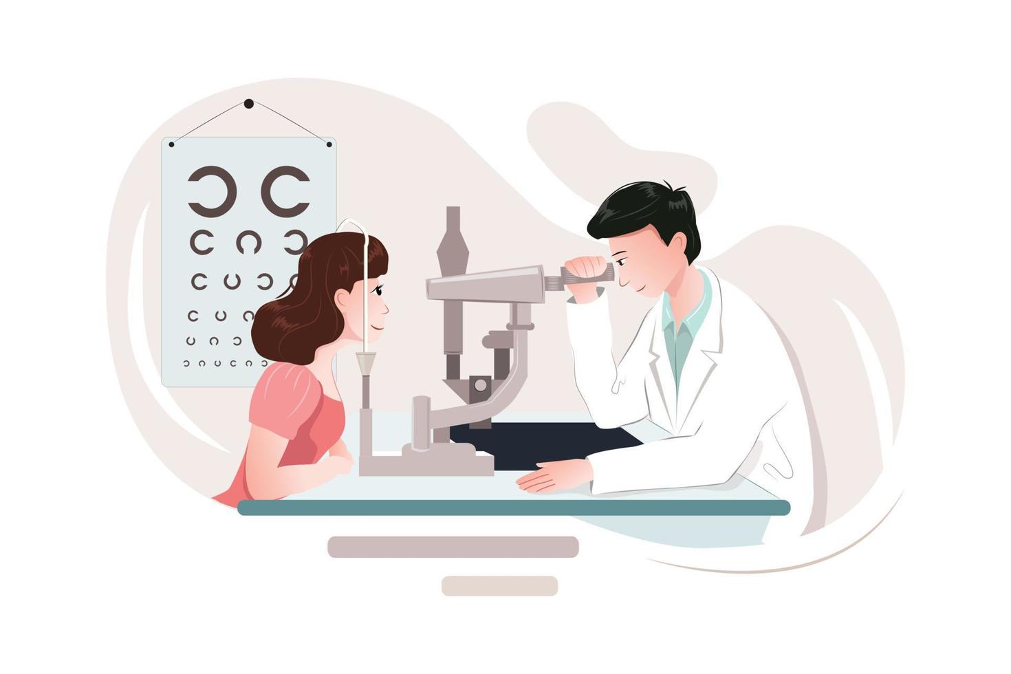 mujer joven con médico optometrista con equipo médico. vector