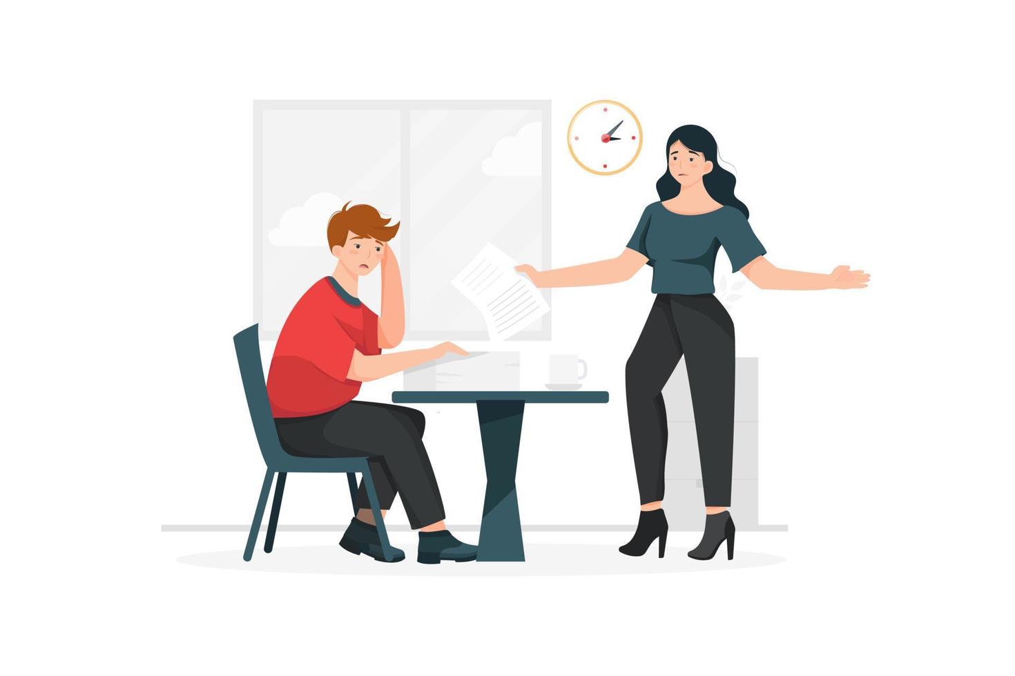 Two people working together in a stressful atmosphere. vector