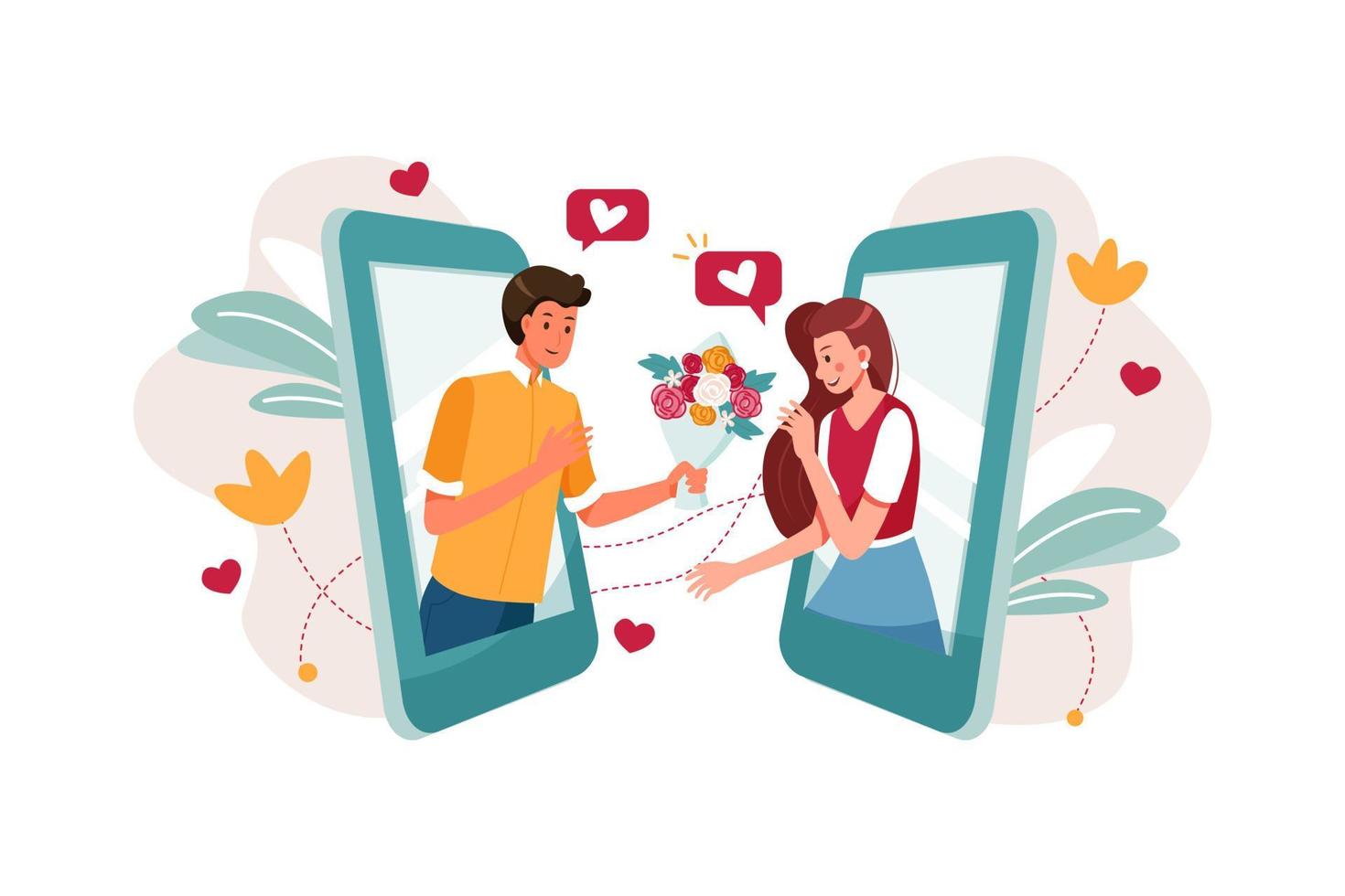 Boy gifting flower to girlfriend through an online dating app vector