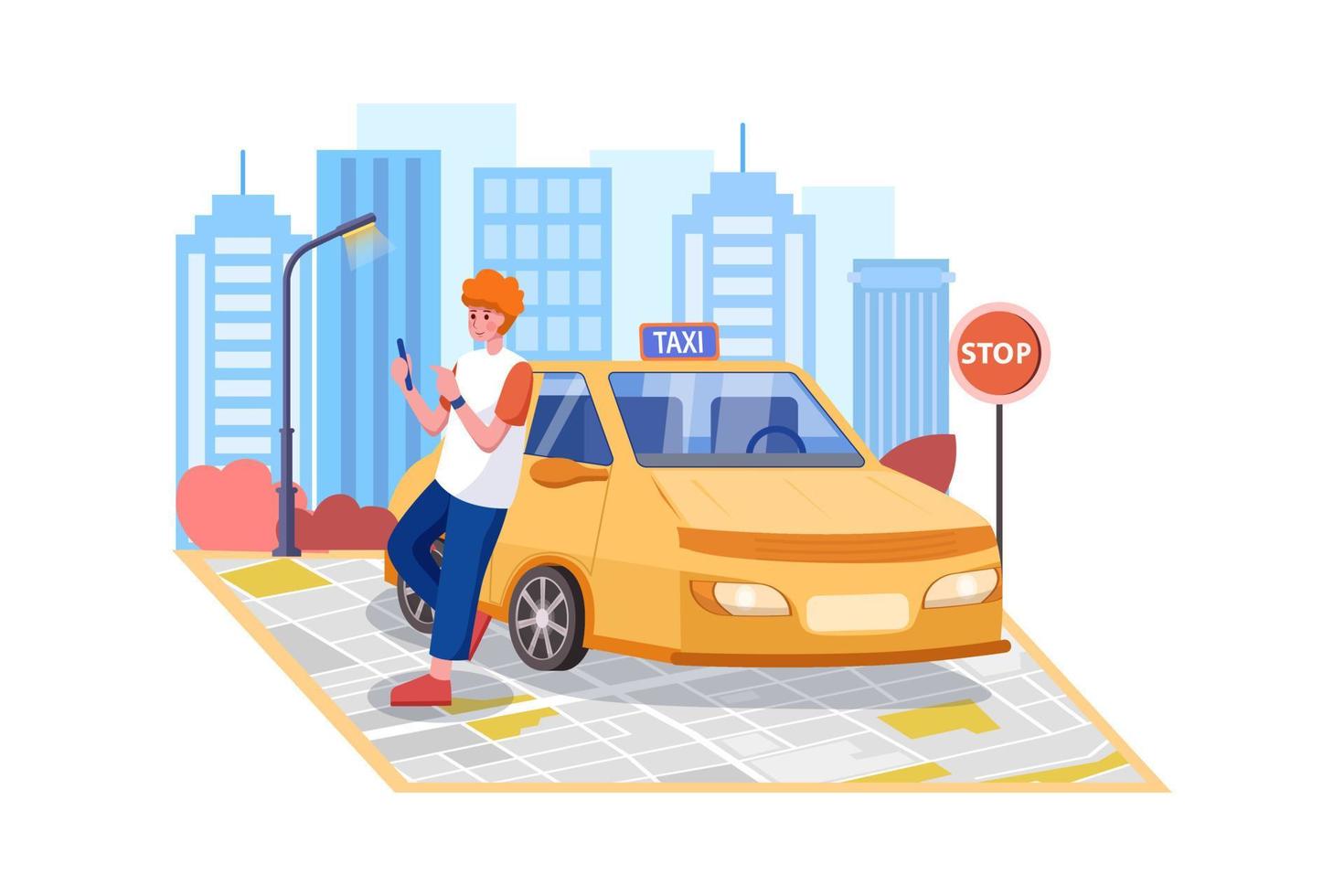 A man with a smartphone standing near the car. vector