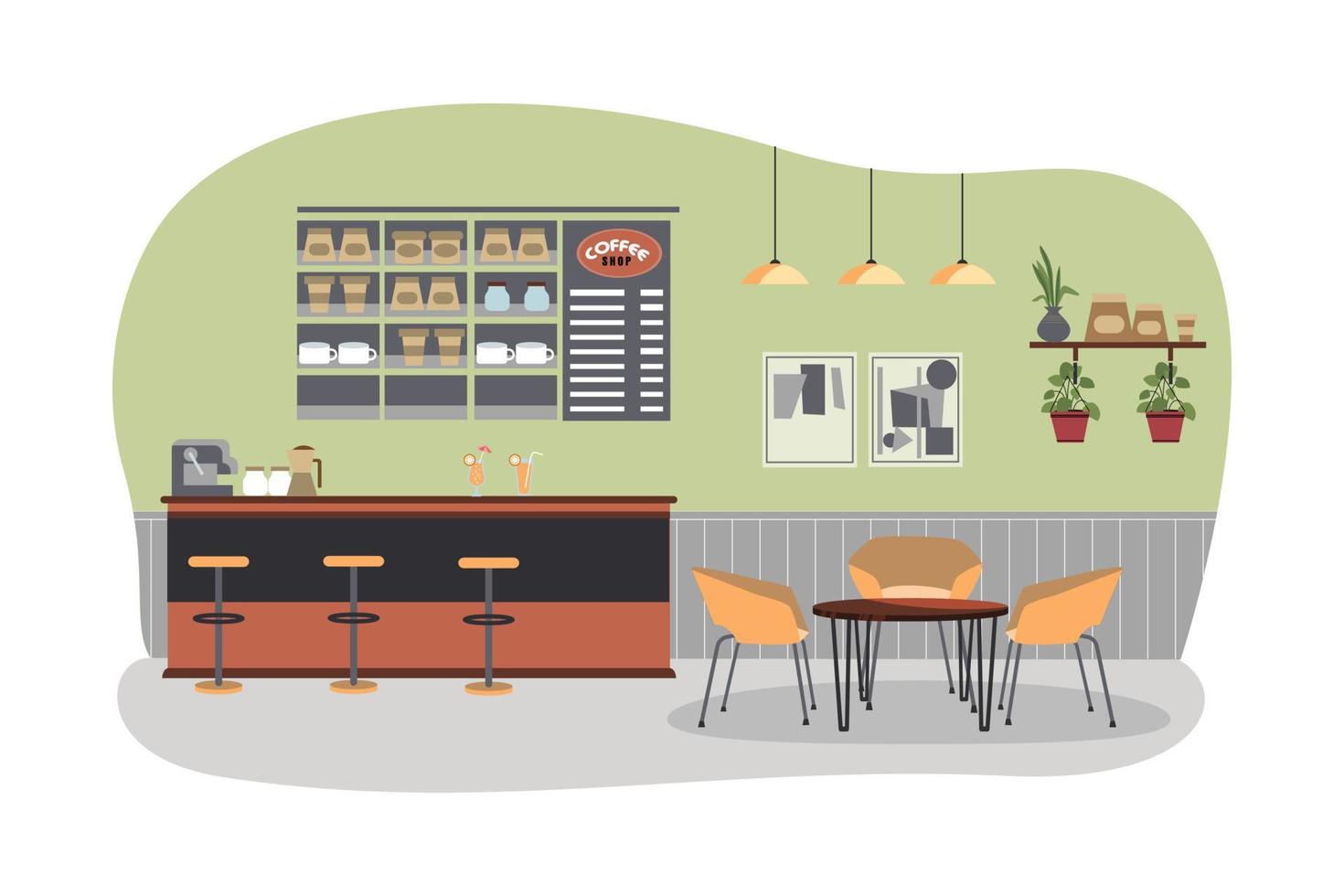 Empty cafe interior with bar stand, table, and armchairs vector