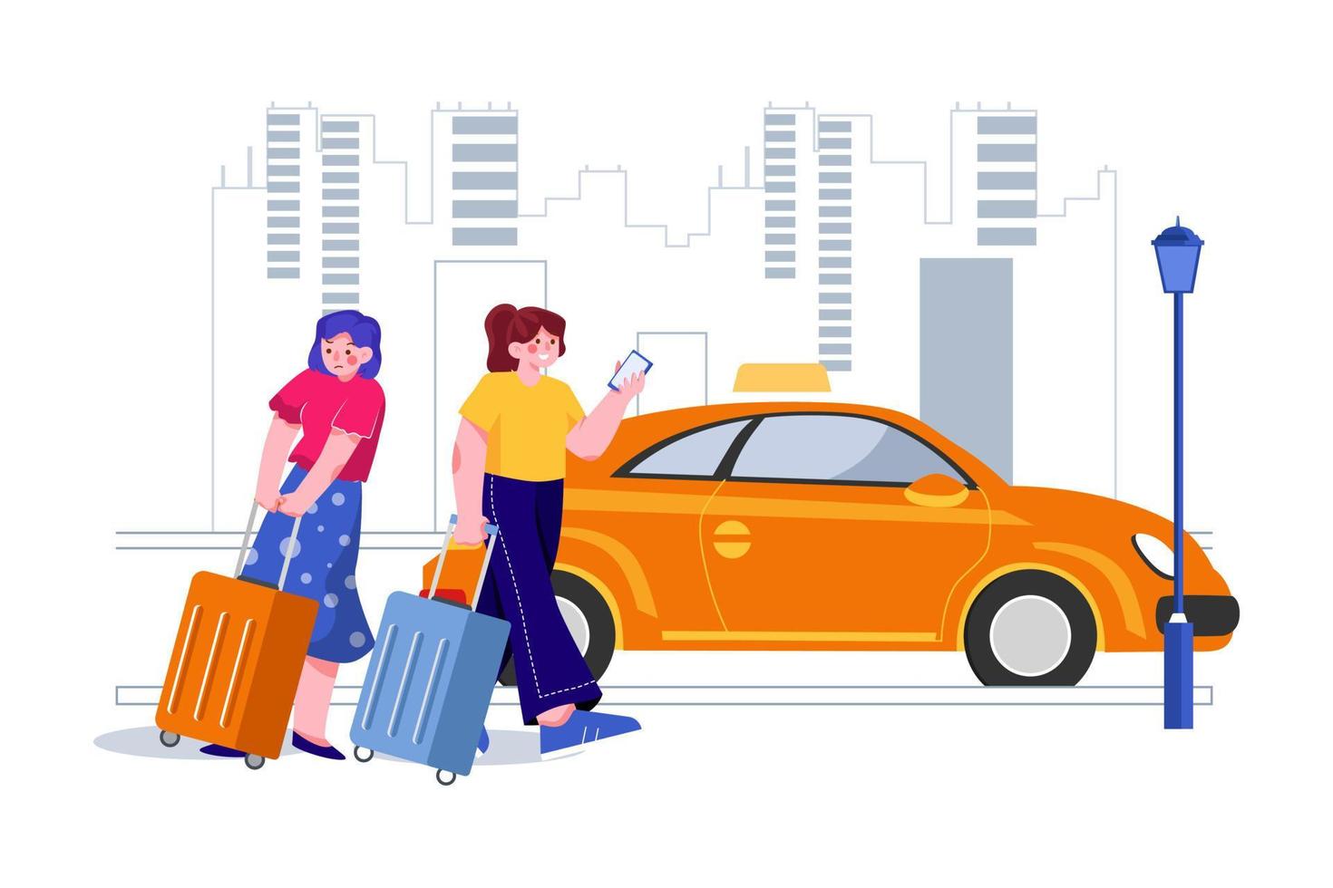 Women are dragging their luggage in a smartphone standing near the car. vector