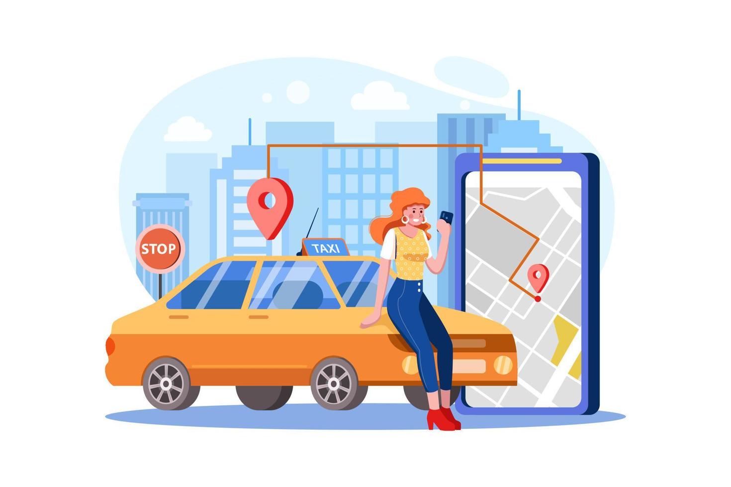 Woman near smartphone screen with route and points location on a city map on the car vector