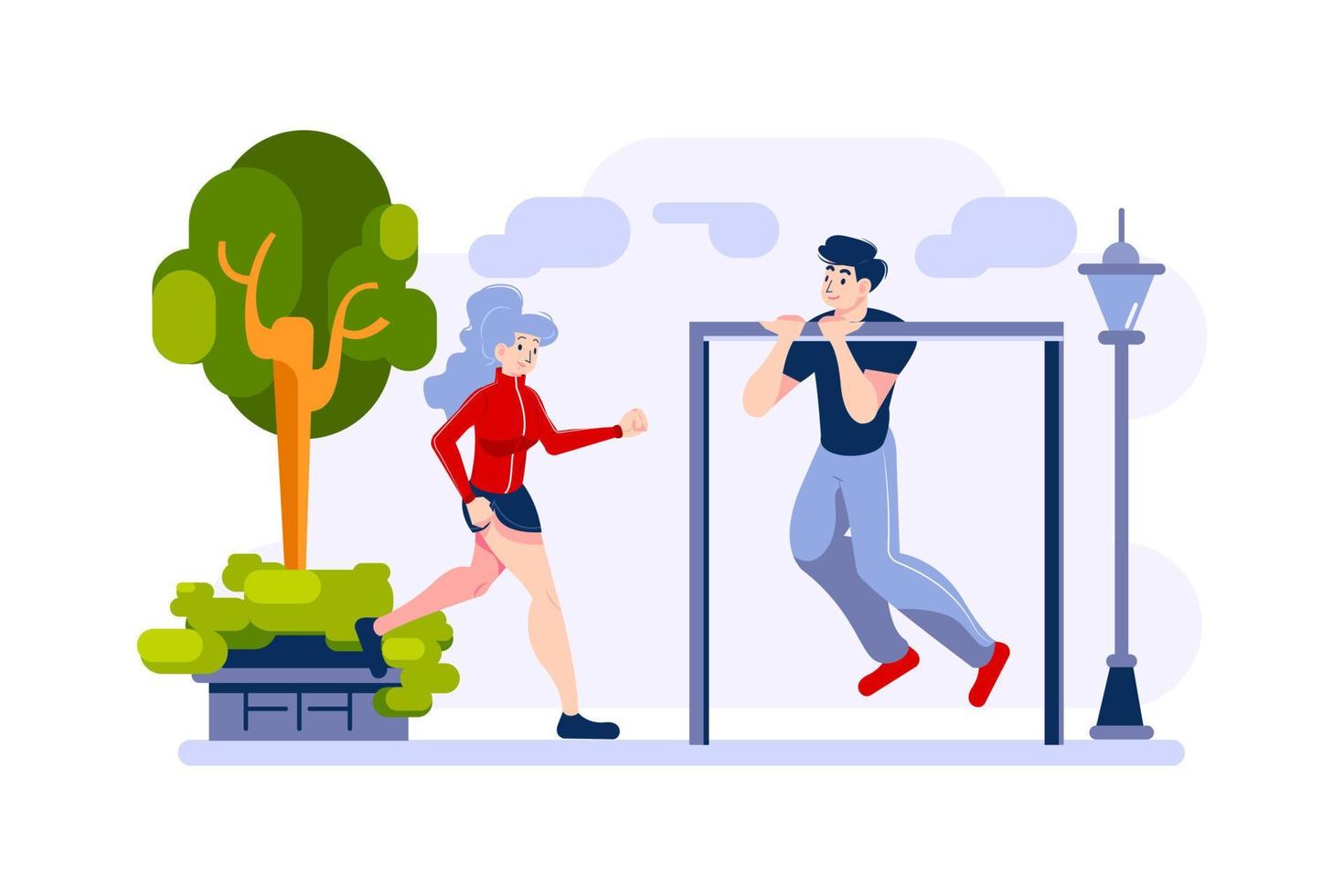 Two people do outdoor exercises vector
