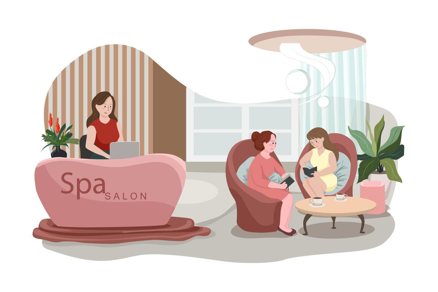 salón de belleza y recepción spa. hermosa administradora de pie en el mostrador. vector