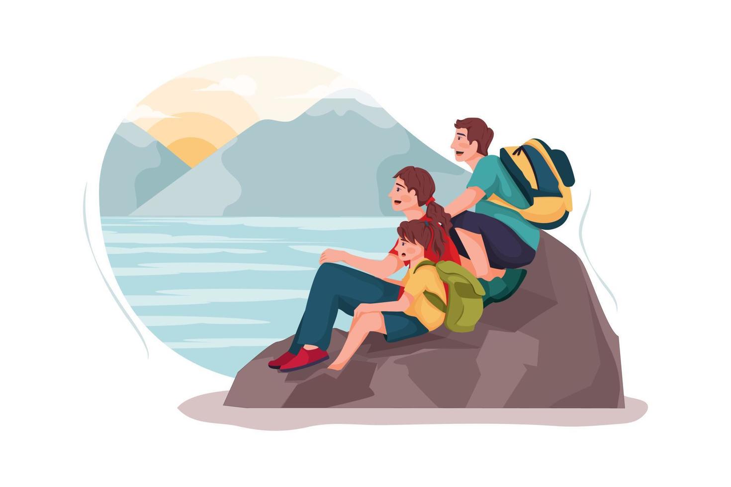 A small family is watching the sunset on the rock. vector