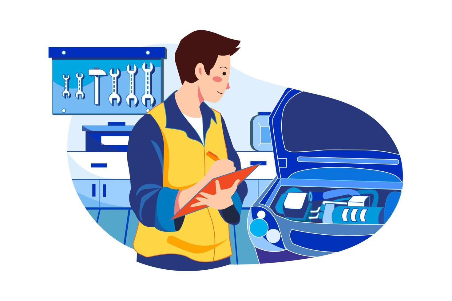 Car repairman writing on his clipboard while working at the garage vector