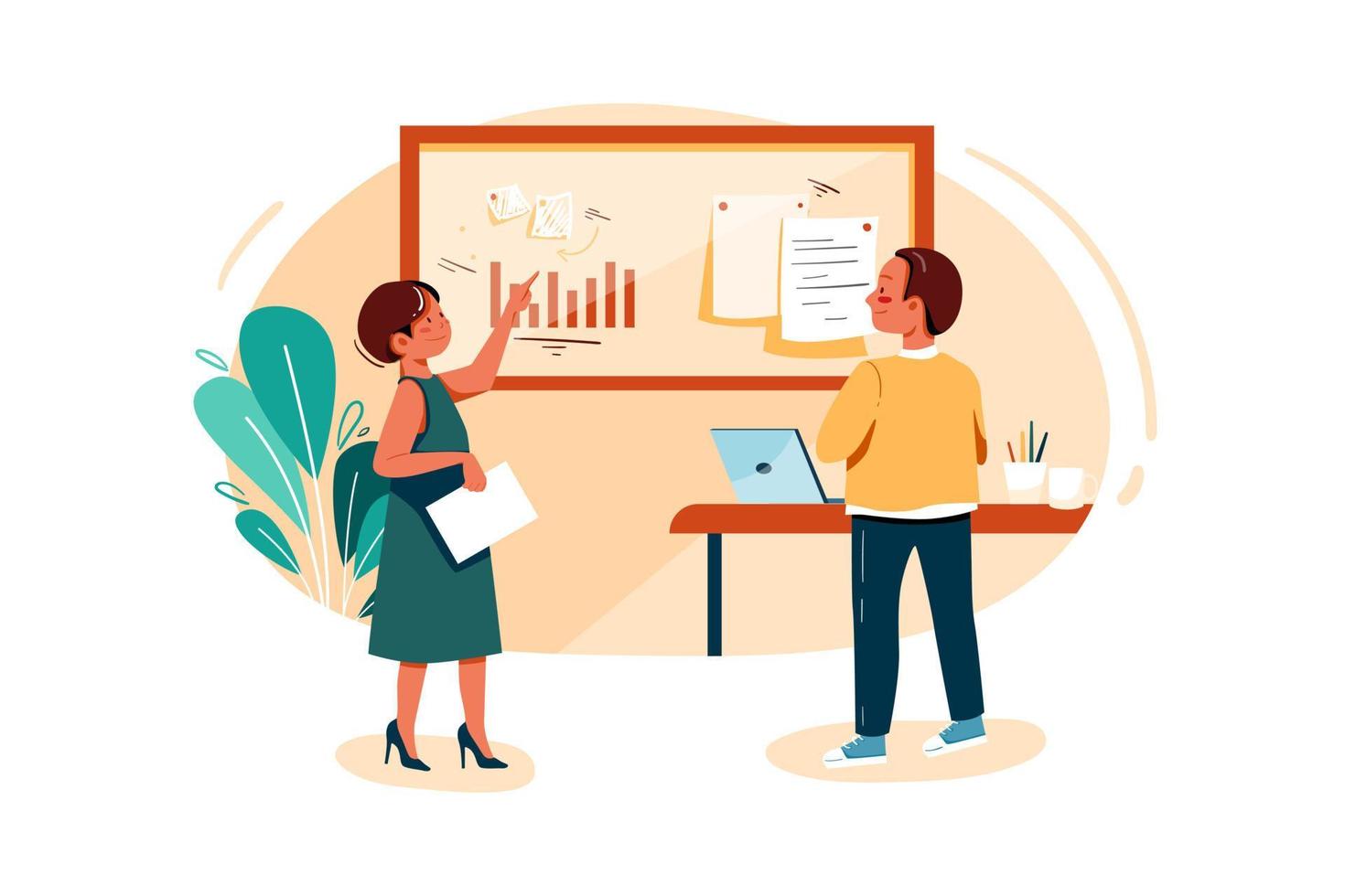 Startup team discussing growth report vector