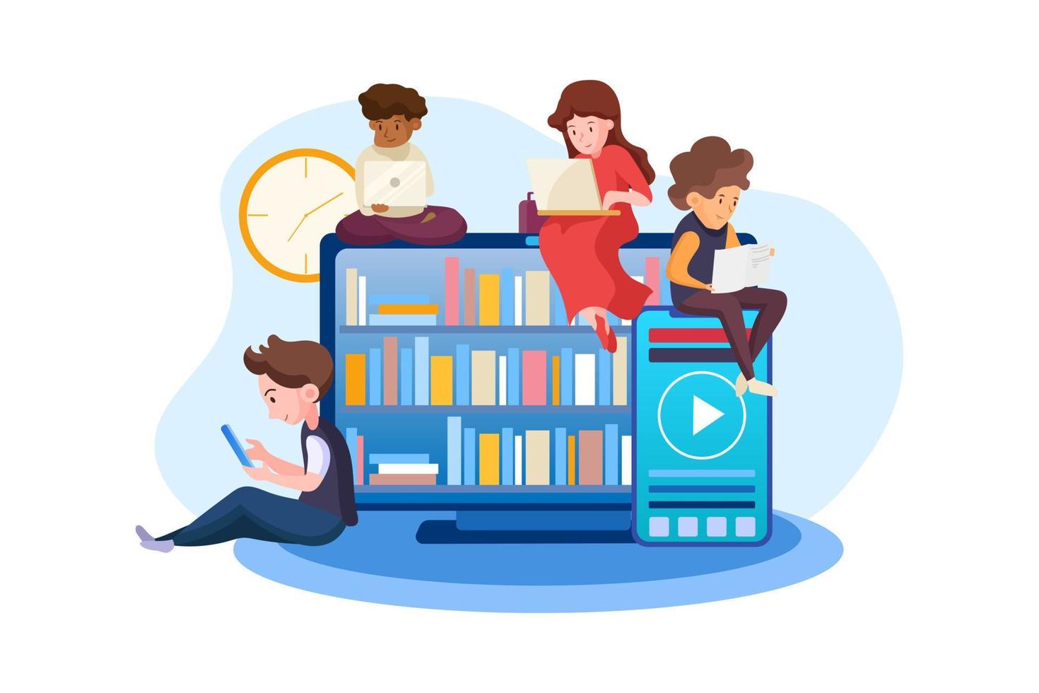 Cartoon people different races read books, learning process and education concept, monitor with book library vector