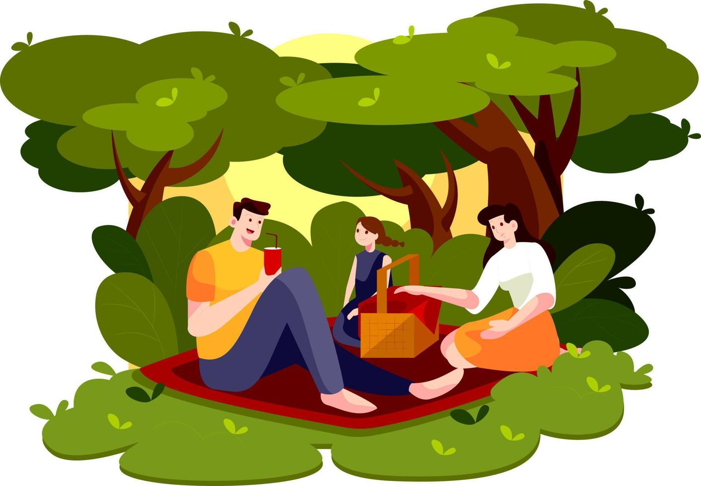People on picnic outdoor with food and summer leisure, family on grass near trees and river vector