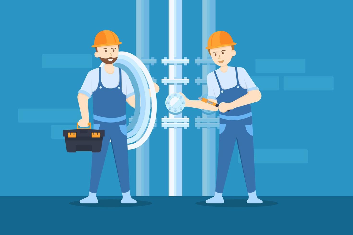 Plumbers are loosening the valve in order to replace the new pipe. vector