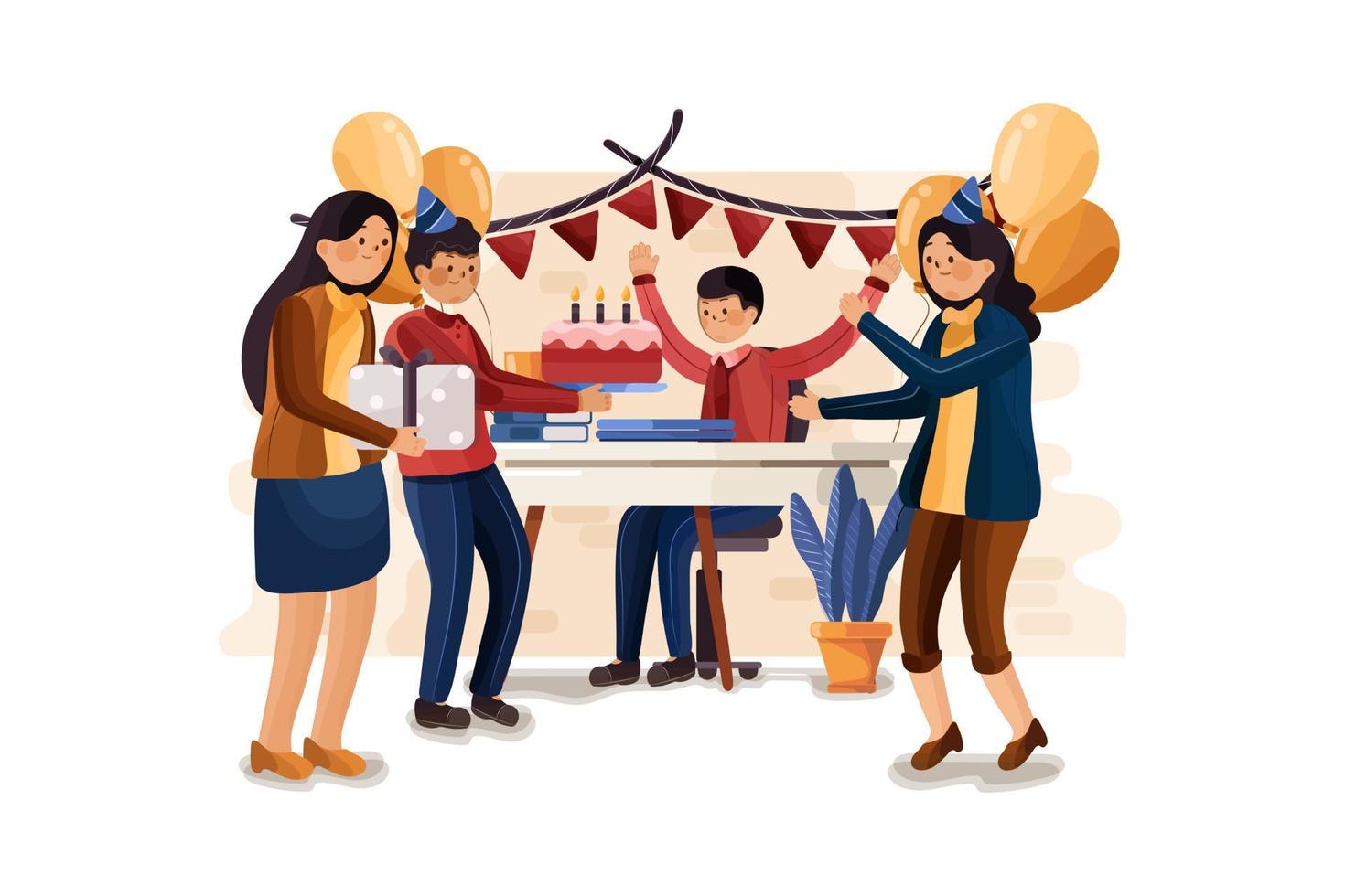 Birthday party in the office illustration. A male happy employee in celebration and giving gifts by friends, coworkers assemble for interaction and entertainment at the workplace vector