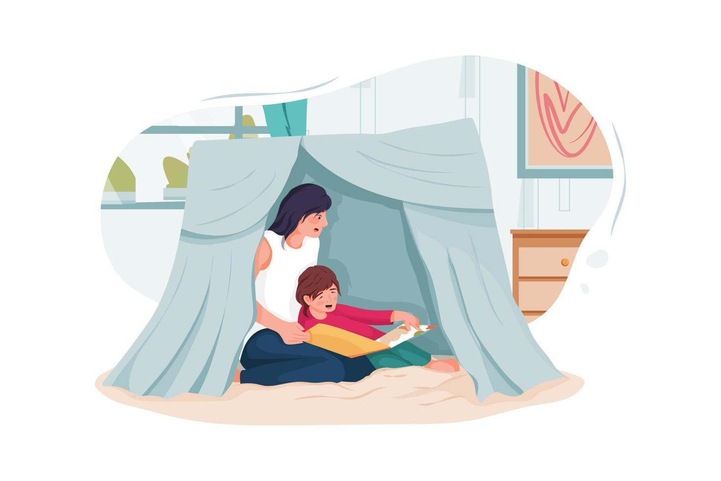 Nanny and little children reading book in tent at home vector