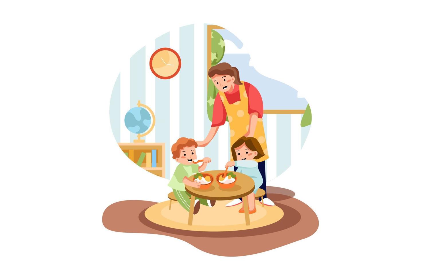 Kids Eating Meal In Preschool. vector