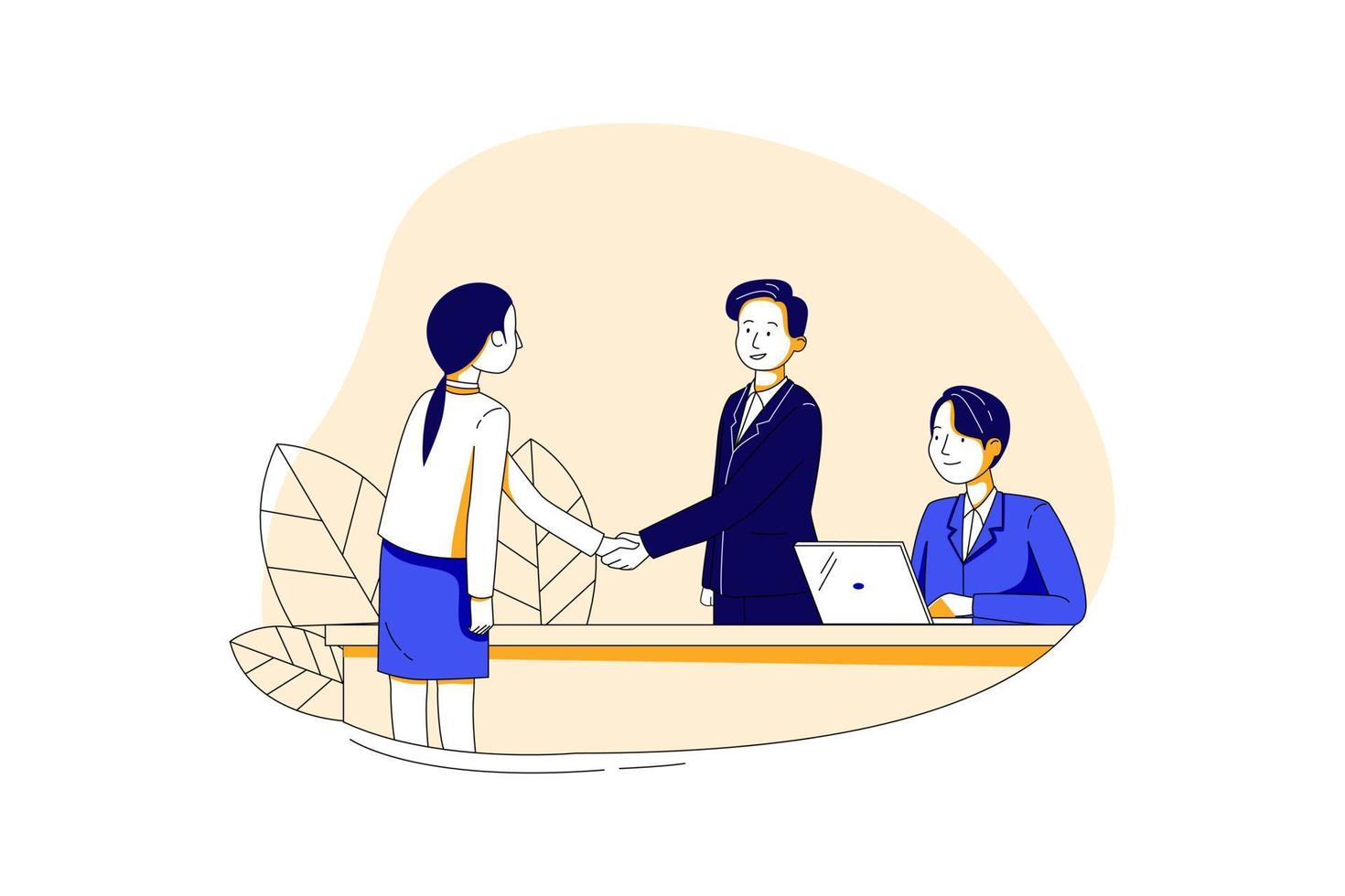 Welcome to team. Two men shaking hands and looking at each other with smile while their coworkers sitting at the business meeting vector