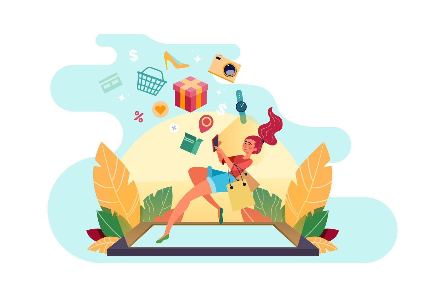 A girl looking for an item in an online shop. vector