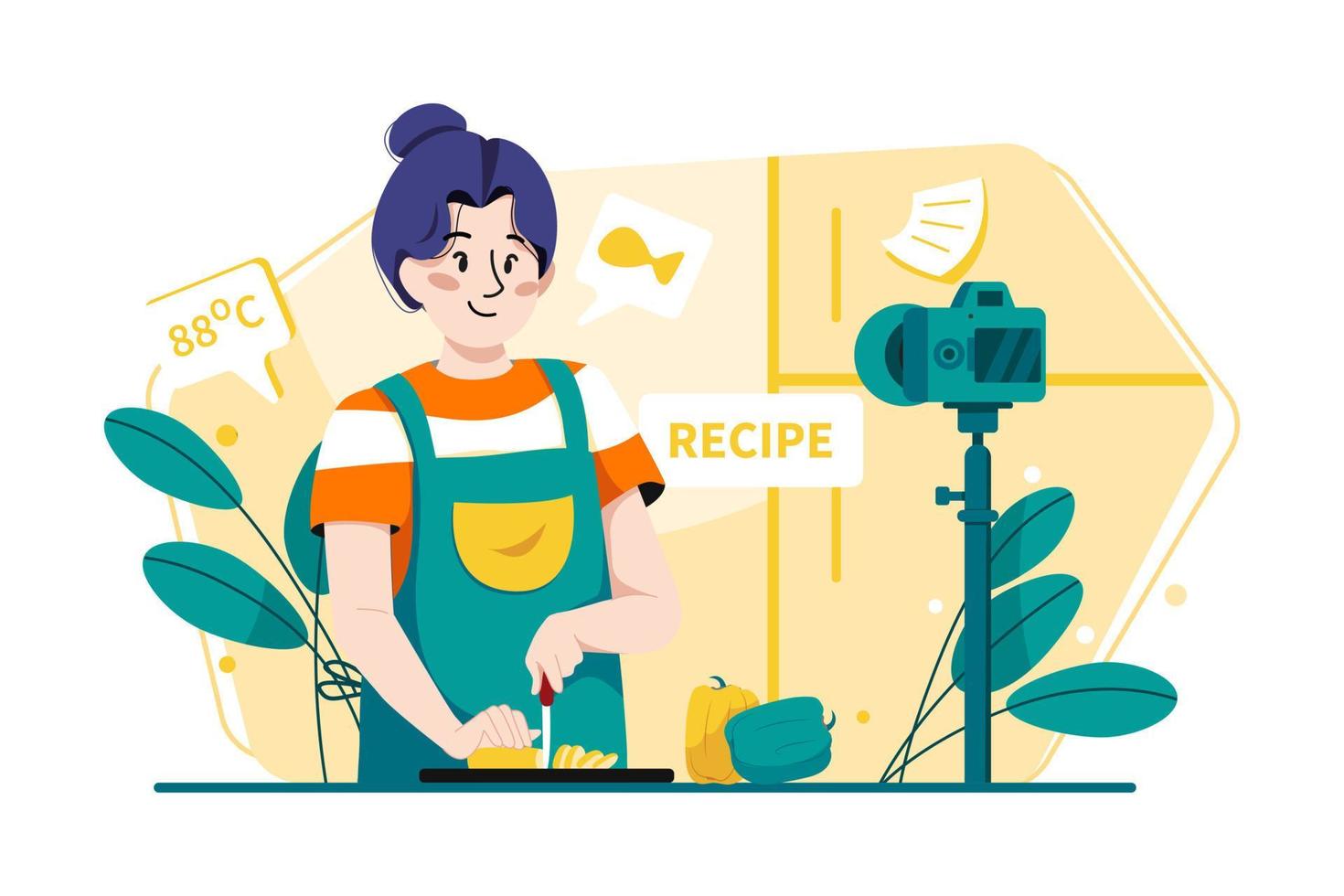 vlogger de comida haciendo vlog de cocina vector