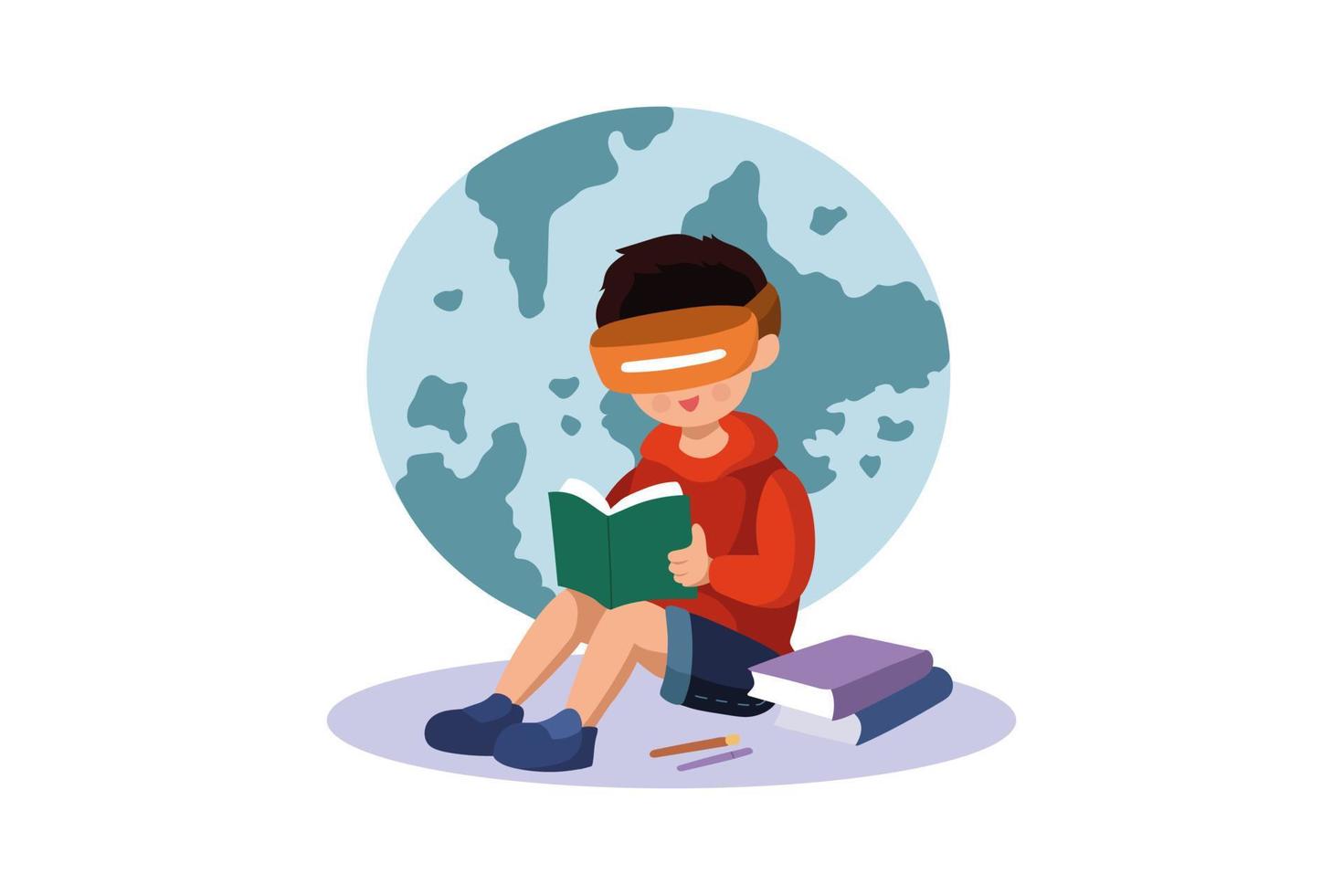 Boy studying using VR tech vector