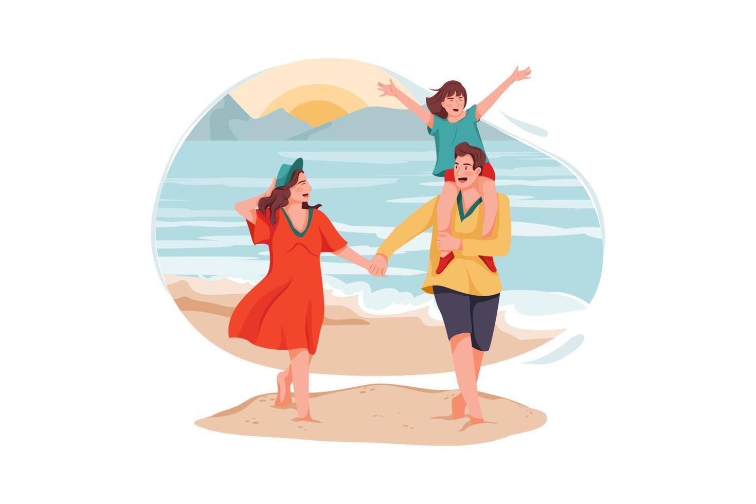 Happy family walking on the ocean beach vector