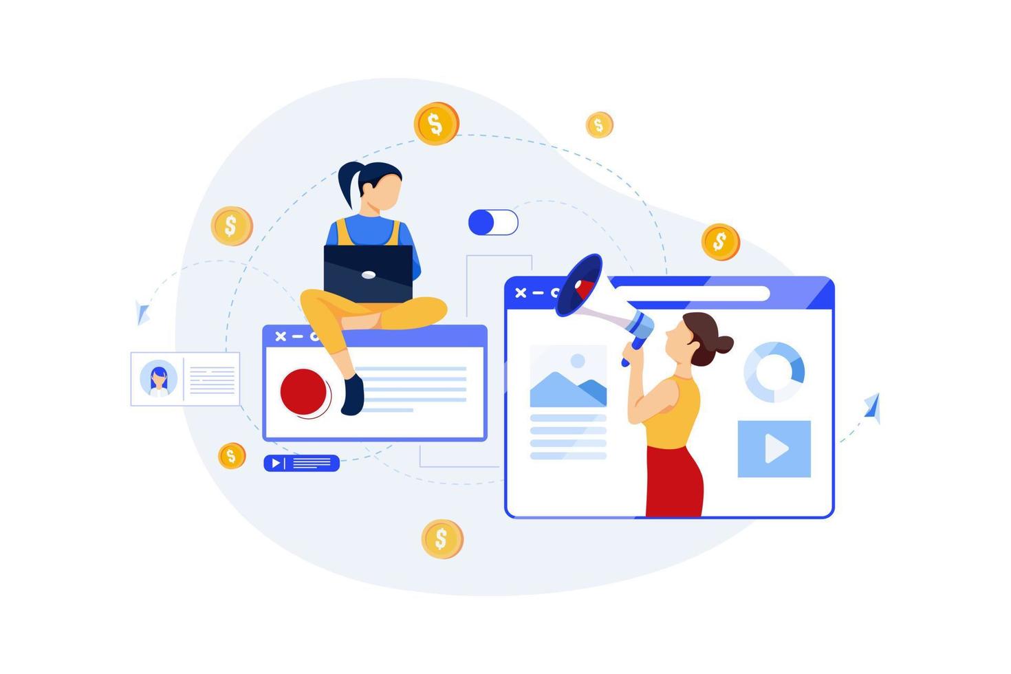mujer en pantalla web con megáfono atrae a la gente vector