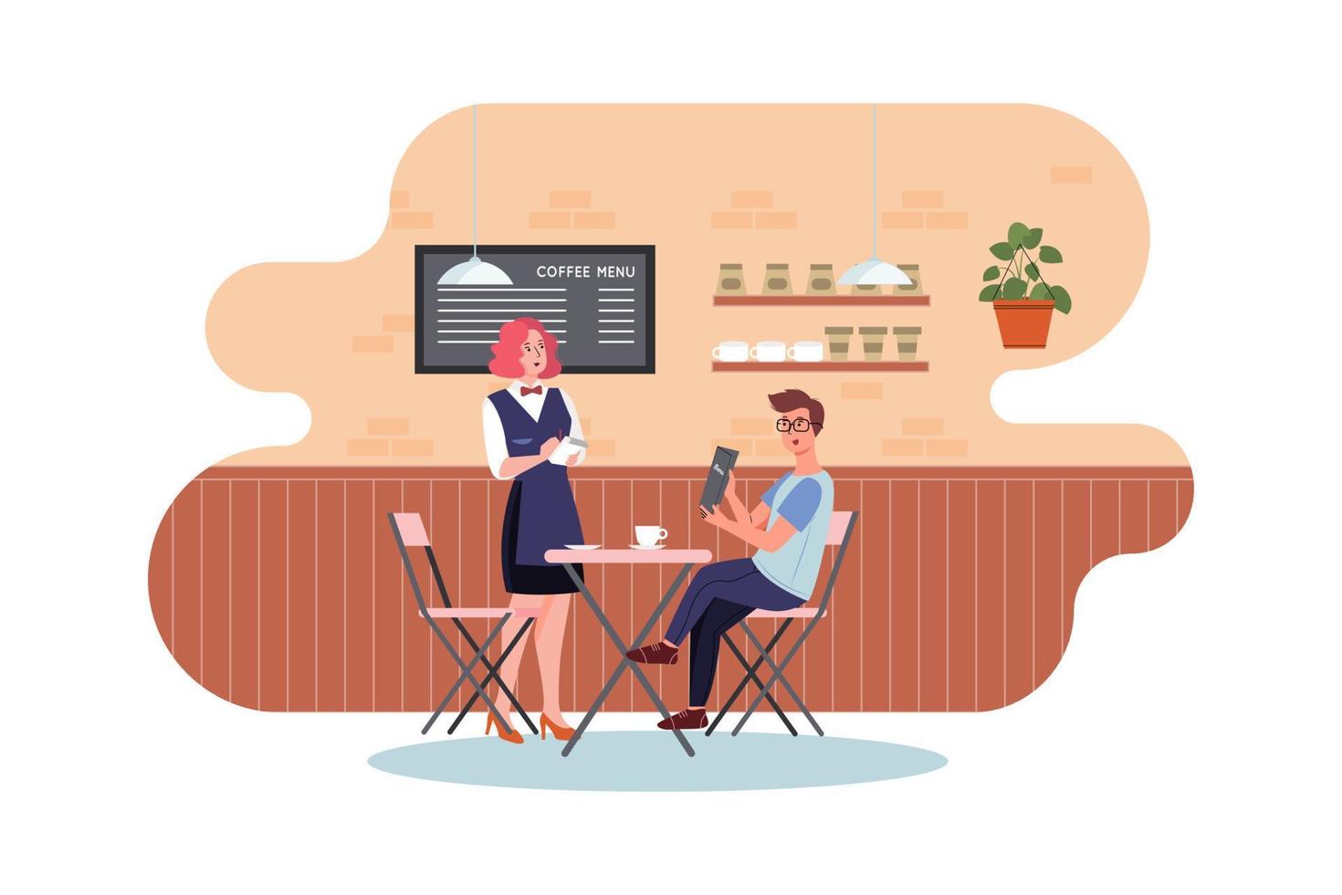 A waiter and a man ordering coffee in a coffee shop vector