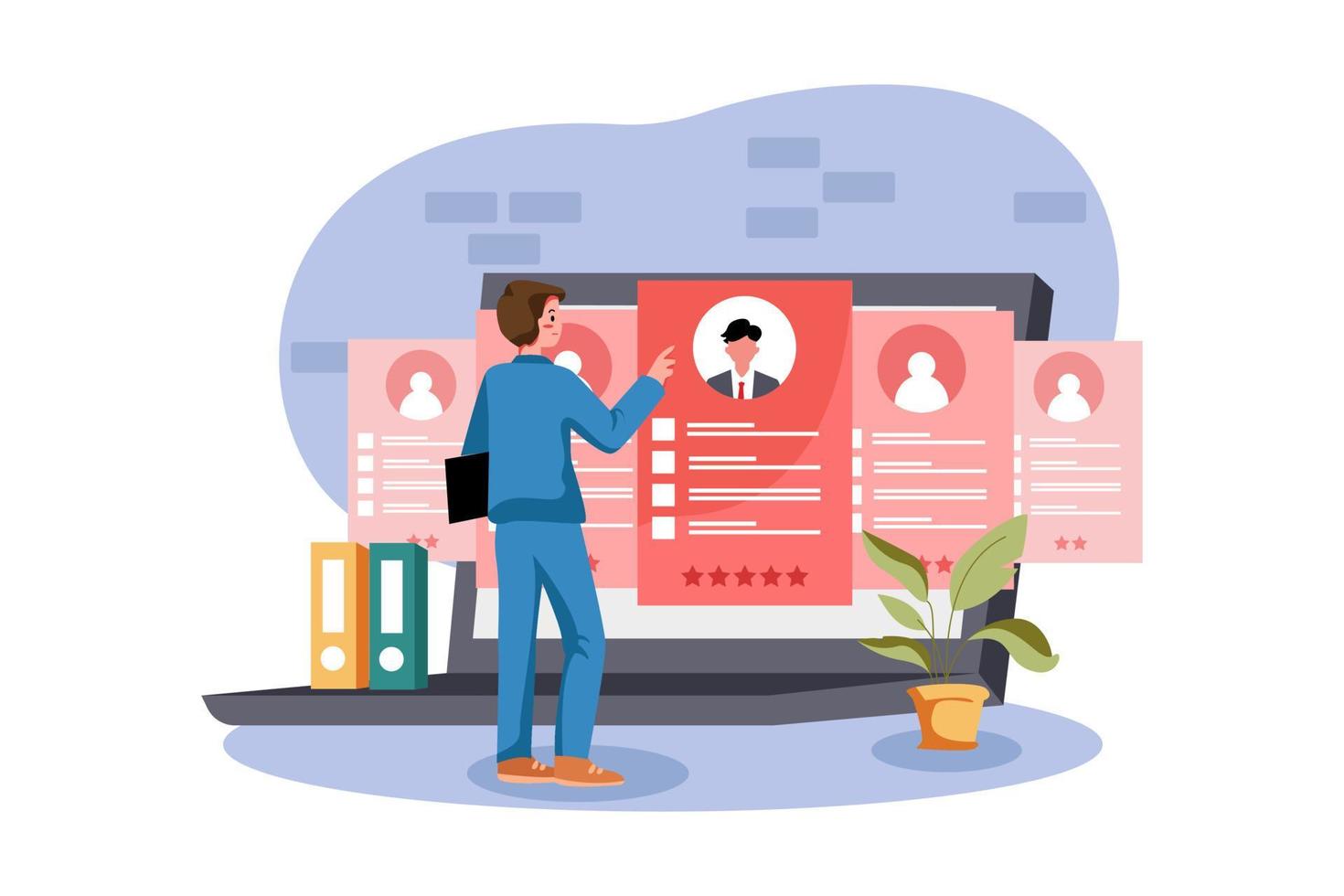 Employer choosing the best candidate on a background of a laptop screen. vector