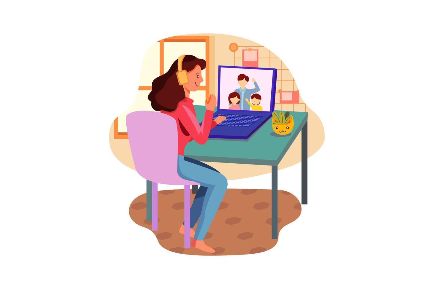 Smiling little Caucasian girl in headphones have video call distant class with teacher using laptop, happy small child wave greeting with tutor. vector