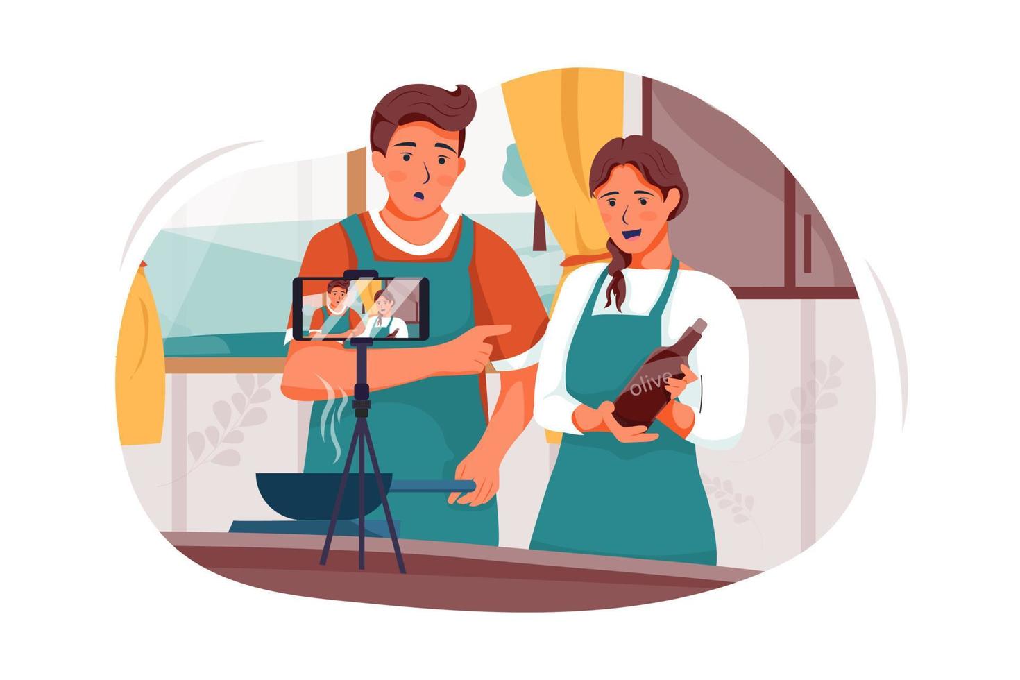 Young female blogger vlogger and online influencer recording video content on healthy food vector