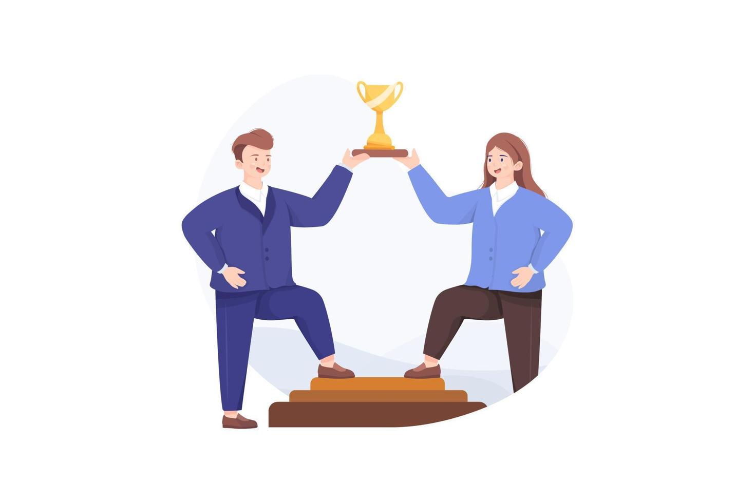 Businessman and businesswoman hold a trophy together. vector