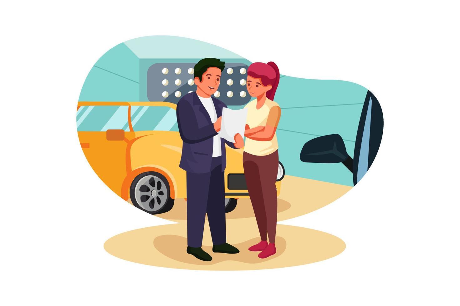 Visitor looking through agreement in car dealership vector