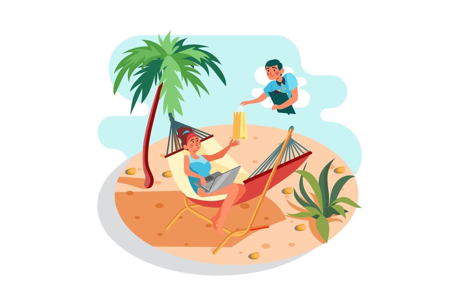 A girl shopping online at a beach vector