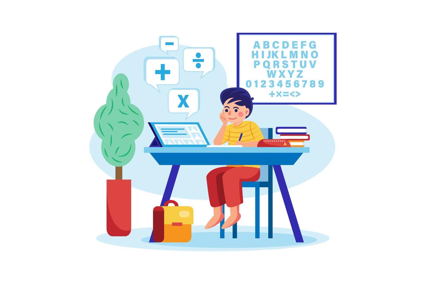 Boy studying online using tablet vector
