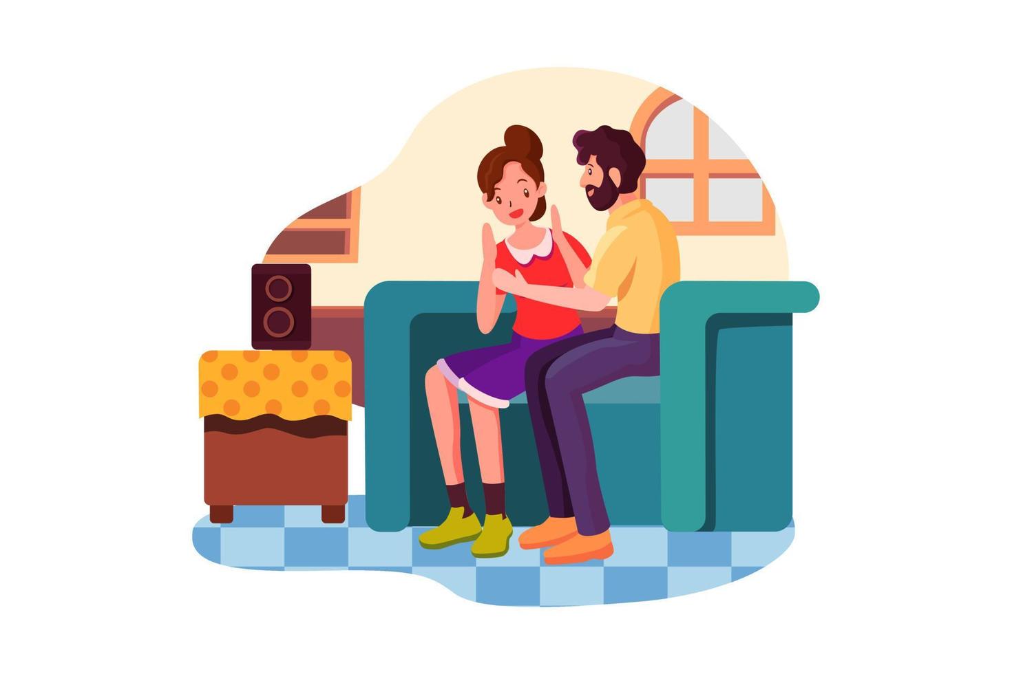 Couple talking and listening to smart speaker at home vector