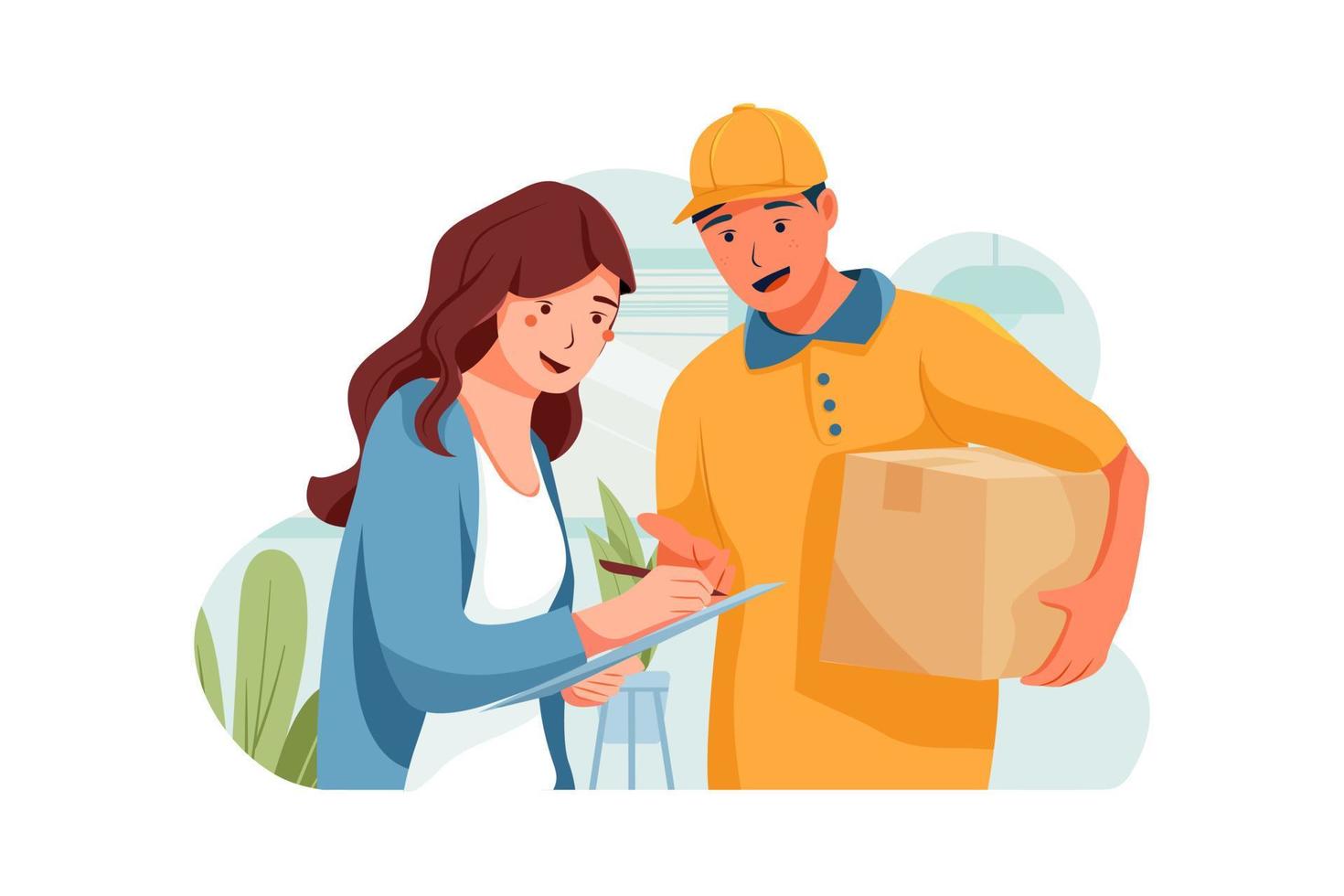 The customer is standing beside the shipper to sign her bill. vector