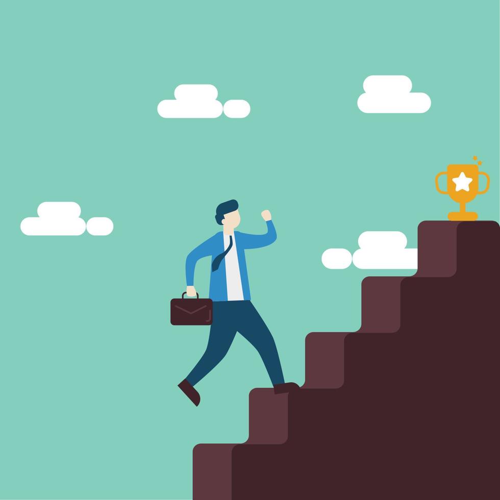 Businessman climb up the stair to achieve the winning trophy vector