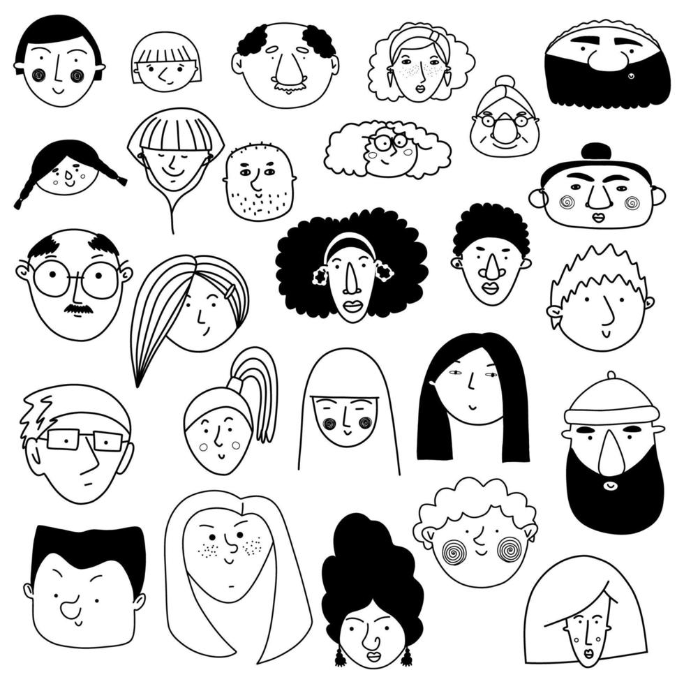 colección de caras lindas y diversas dibujadas a mano en blanco y negro. iconos de personas estilo garabato para diseño, pegatinas, impresiones vector