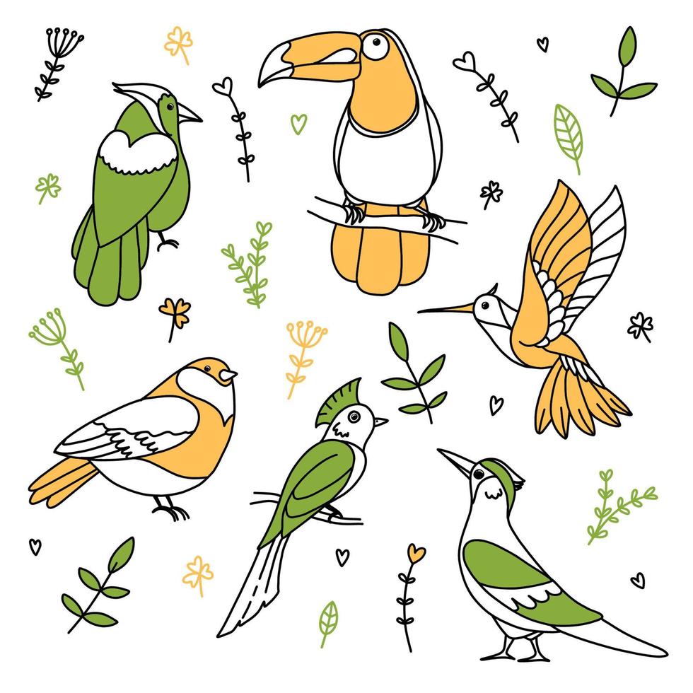 Set of bright tropical fantasy birds of paradise in doodle style with floral and vegetal ornaments. Collection for stickers, patterns, decor, prints vector