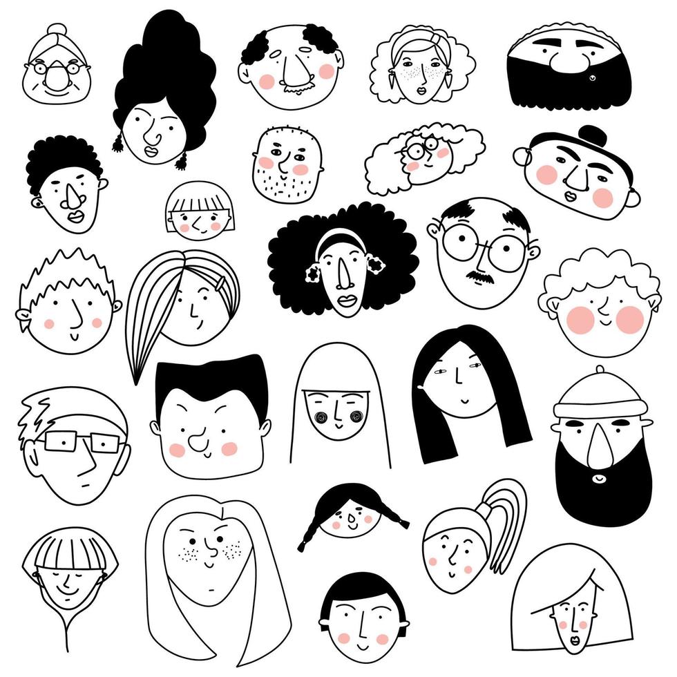 Collection of cute and diverse hand drawn faces with pink cheeks in black and white. Doodle-style people icons for design, stickers, prints vector
