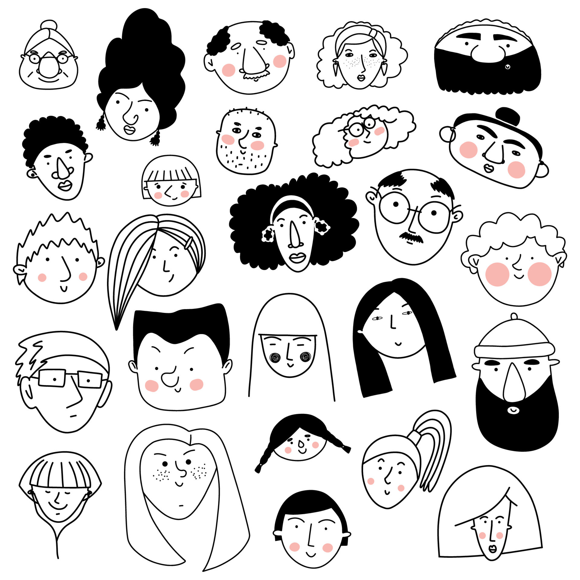 Collection of cute and diverse hand drawn faces with pink cheeks in ...