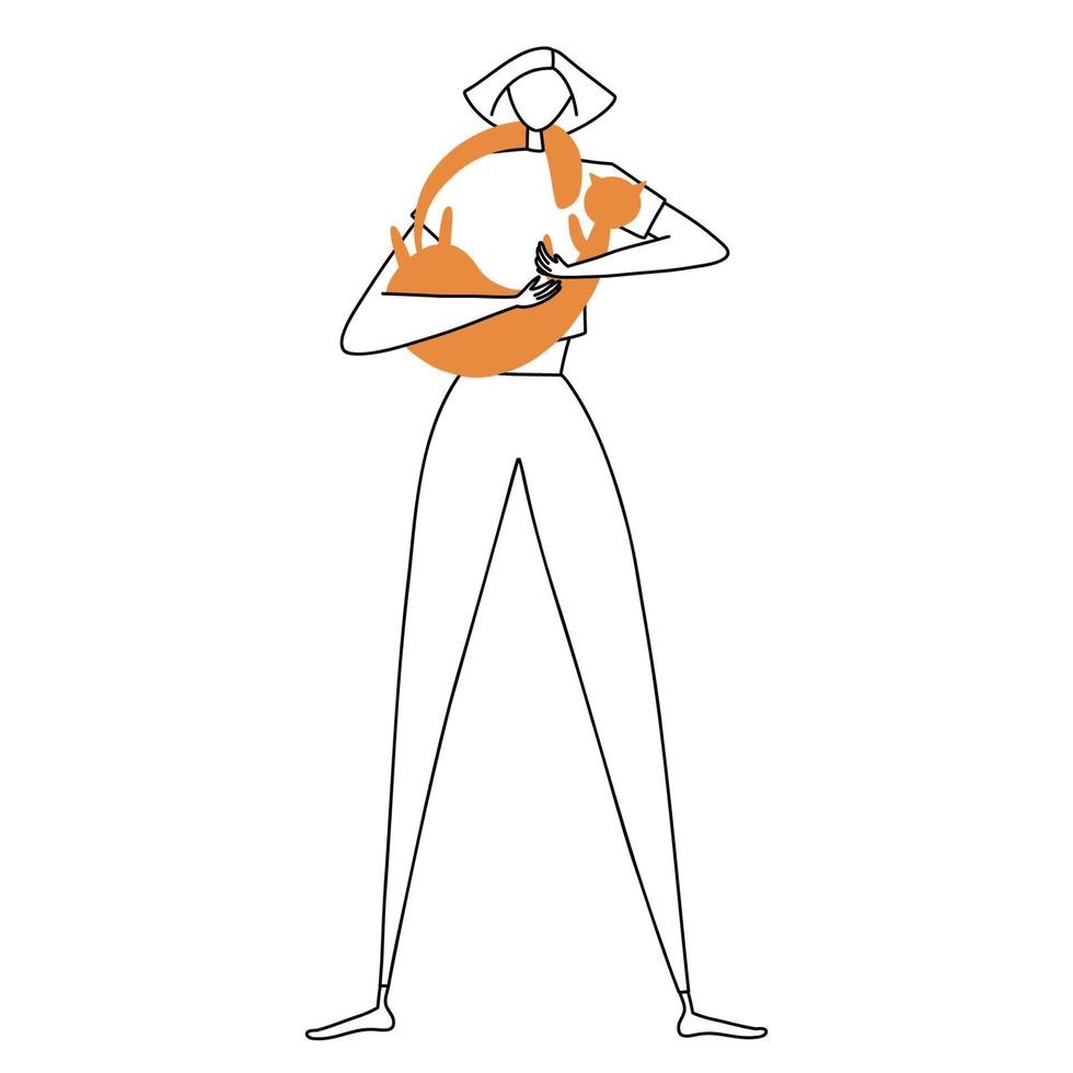 Ginger cat hugging his owner. Girl gently hugs orange cat friend. Artistic sketch drawing, banner of a cat lover with her pet. Vector hand-drawn illustration.