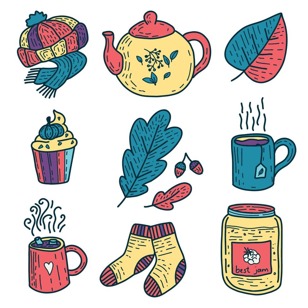 Set of vector colorful bright elements on the autumn theme. Teapot, cup, mug, bathtub, warm socks, hat, balloons and leaves in yellow, emerald and pink colors