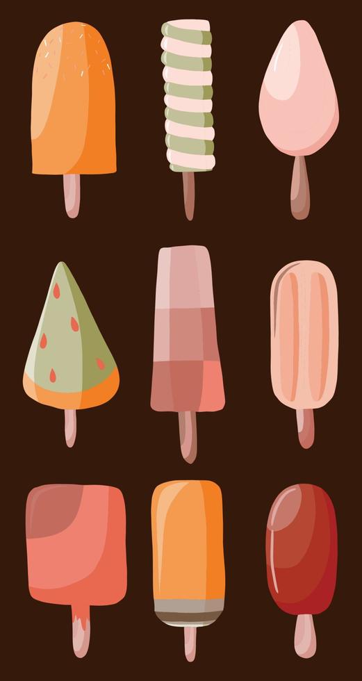 Set of vector different fruit popsicles and icecreams in pink and green colors on a dark brown background