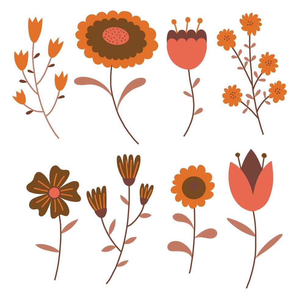 Seasonal colorful set of vector floral elements. Autumn collection of flowers and plants in bright colors.