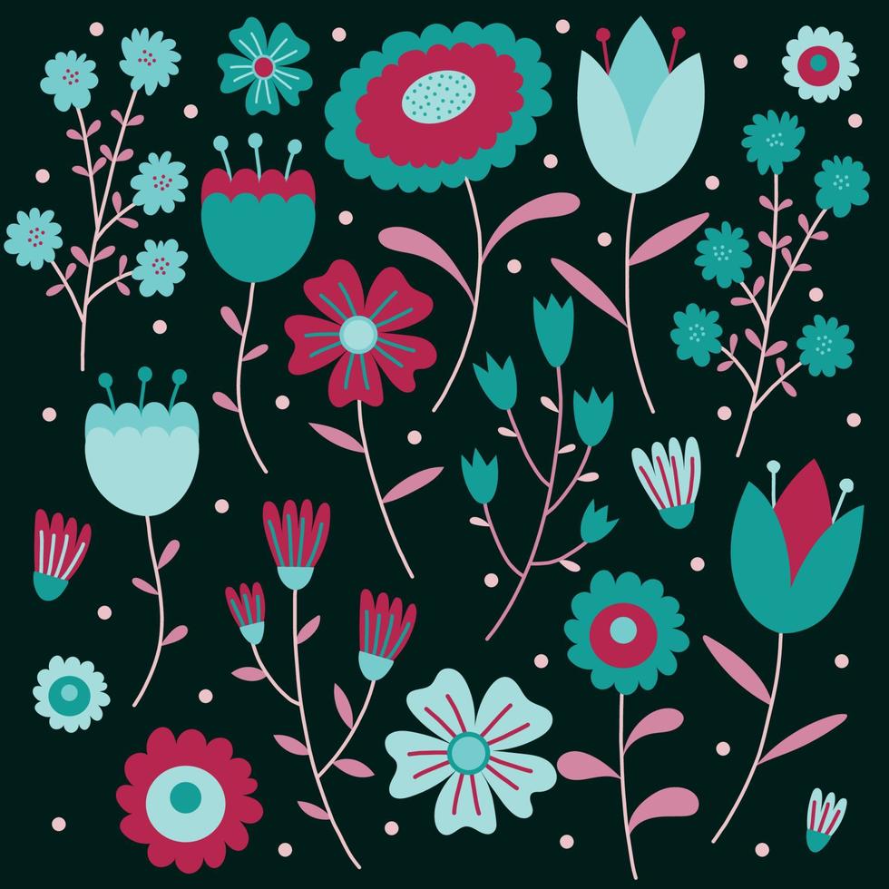 conjunto colorido estacional de elementos florales vectoriales. colección de verano de flores y plantas en colores vivos. vector