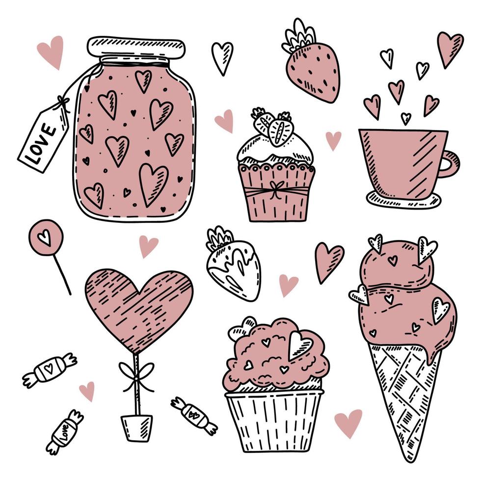 Set of vector hand drawn elements about love. Happy Valentine's Day background with pink